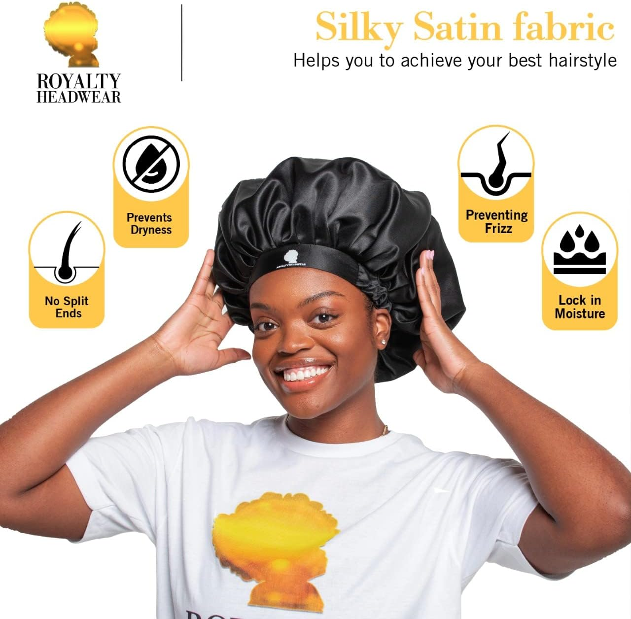 Royalty Headwear Silk Satin Bonnet for Women - Jumbo Extra Secure Non-Slip Satin Hair Bonnet for Sleeping, Bath