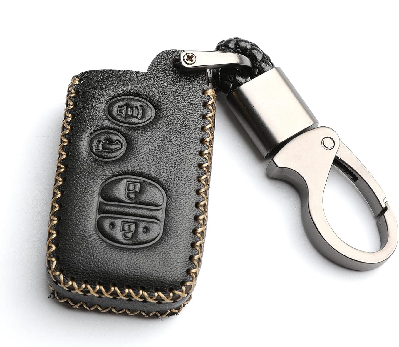 WFMJ Leather for Toyota Camry Avalon Corolla Highlander Prius RAV4 Venza Remote 4 Buttons Key Case Holder Cover Fob Chain (Black)