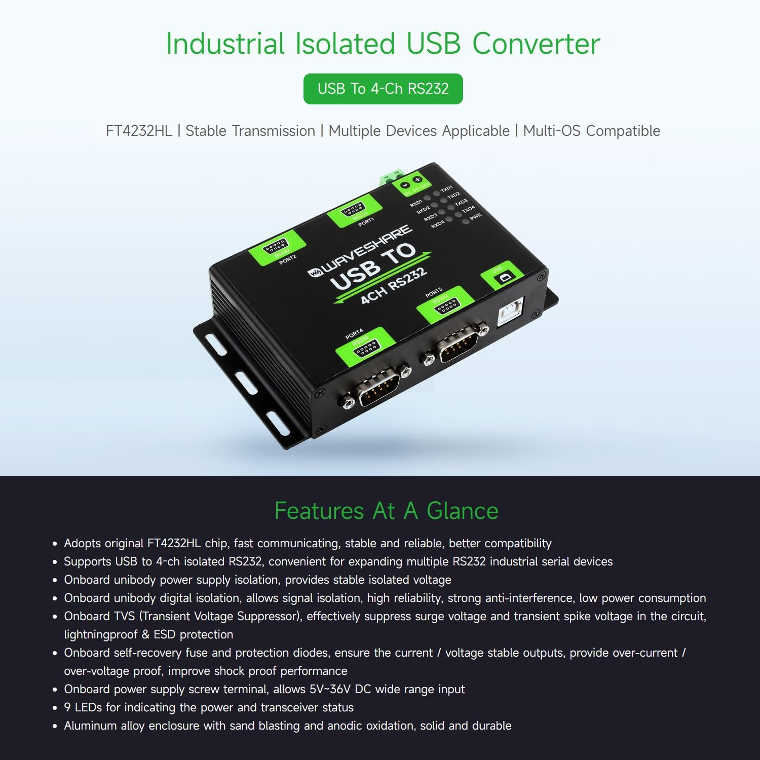 Waveshare Industrial Isolated USB to 4CH RS232 Converter (DB9 Female Interface), Adopts Original FT4232HL Chip, Features High-Speed&Stable Communication, Compatible with Mac/Linux/Android/Windows... image number 1