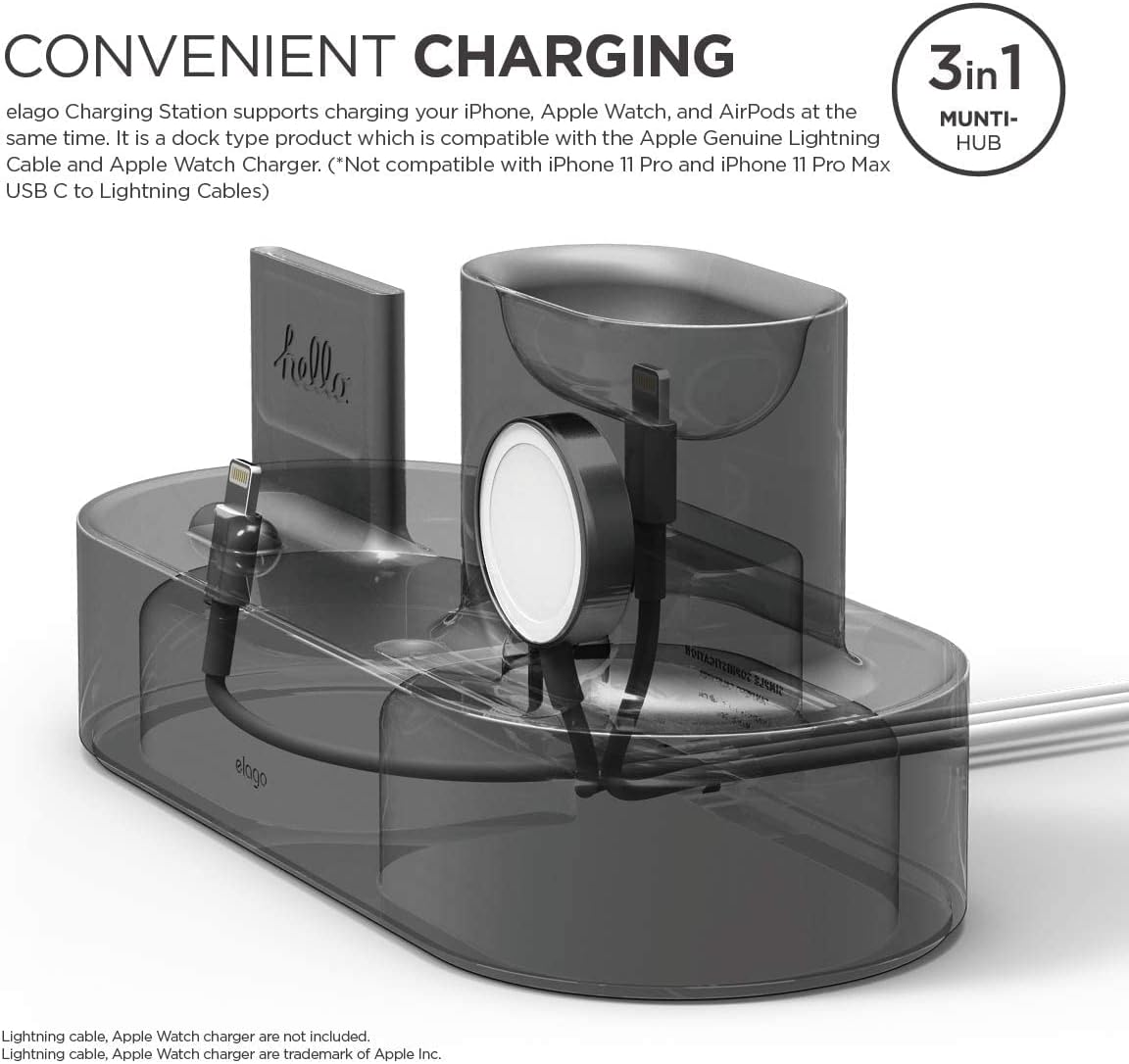 Elago 3 in 1 Charging Station Compatible with Apple Watch Series(10/9/8/7/6/5/4/3/2/1/Se), Compatible with All Iphone Series, Airpods Pro 2/1, Airpods 3/2/1 [Cables NOT Included] (Black) - Dark Grey image number 5