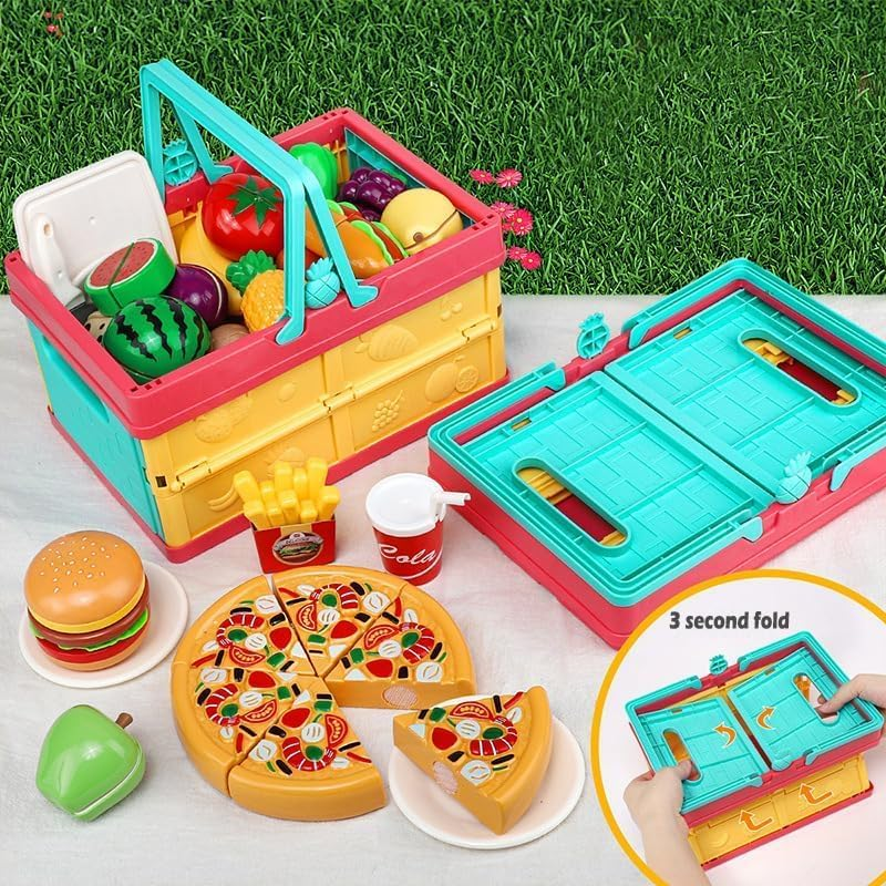 Fohouse Play Food Toy Set for Kids Kitchen - Shopping Basket with Cutting Fruit & Vegetables Accessories, Pretend Food Kitchen Toys Accessories, Pretend Food Toys for Toddlers Boys Girls Gift image number 1