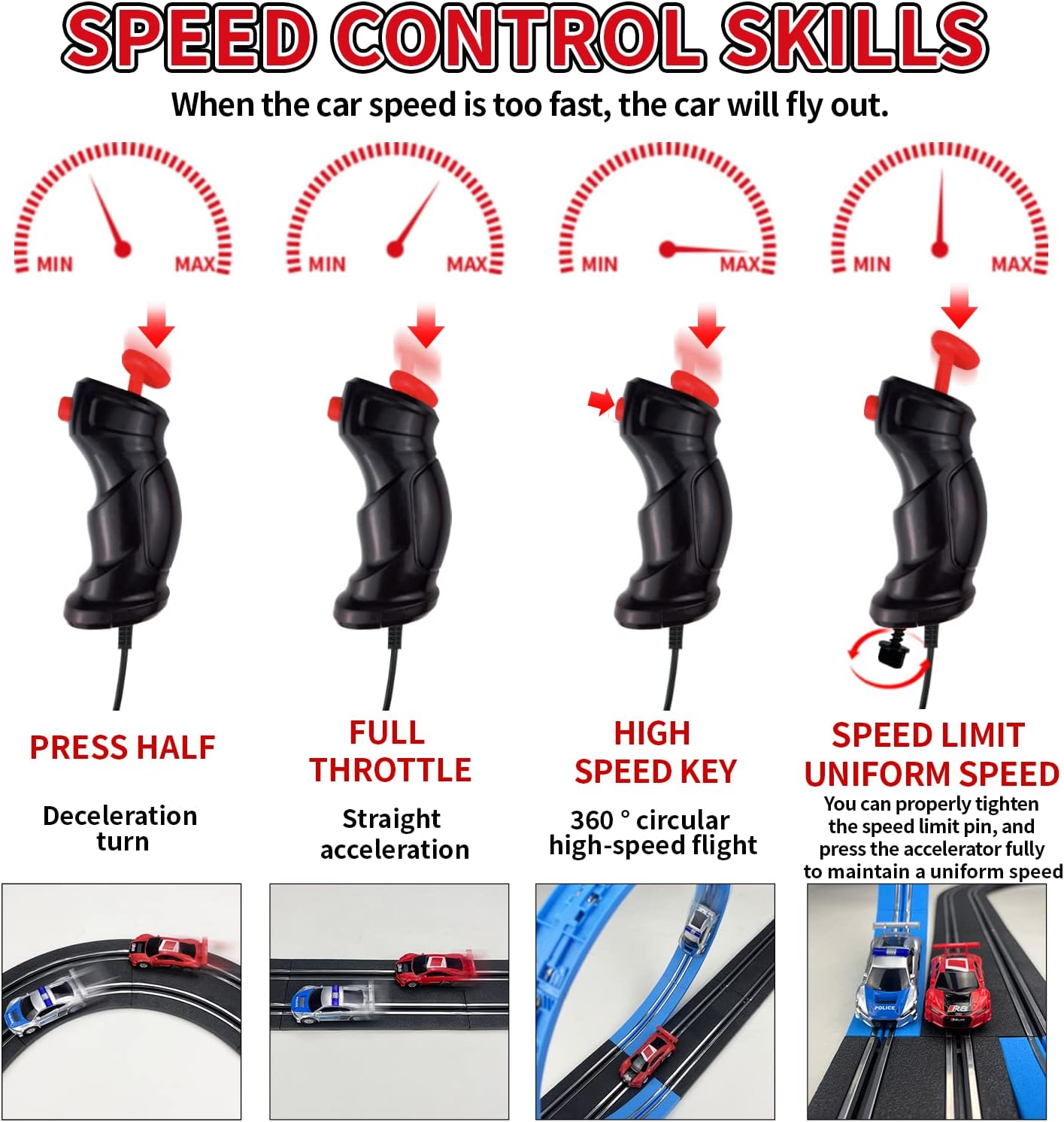 Slot Car Race Track Sets with 4 Light-Up Slot Cars, Battery or Electric Car Track, 2 Adjustable Speed Hand Controls, Track Parts and Lap Counter, Gifts Toys for Boys Girls Kids Age 4 5 6 7 8-12 image number 2