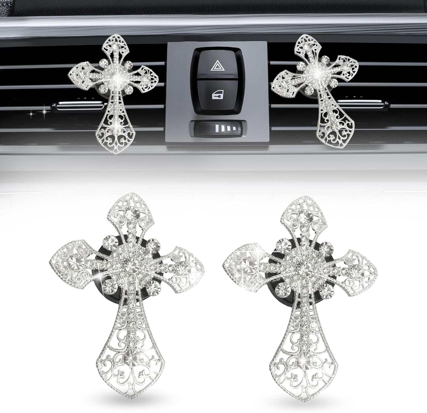 2Pcs Car Air Vent Clip, Bling Rhinestone Diamond Cross Crystal Car Air Vent Clips, Car Air Conditioning Outlet Clip Decorative, Universal Car Interior Decoration Accessories(Silver) - Colorful image number 6
