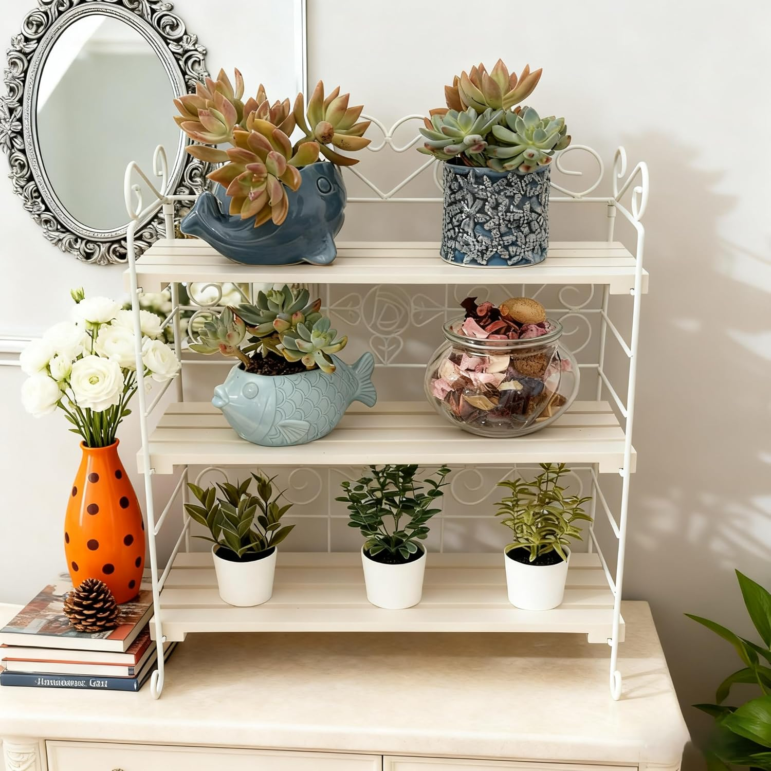 Celsaovo Decorative Plant Shelves & Countertop Storage Rack &ndash; White Metal & Wood, Space-Saving Freestanding Rack, Easy Tool-Free Setup for Kitchen, Plants & Spices - White image number 2