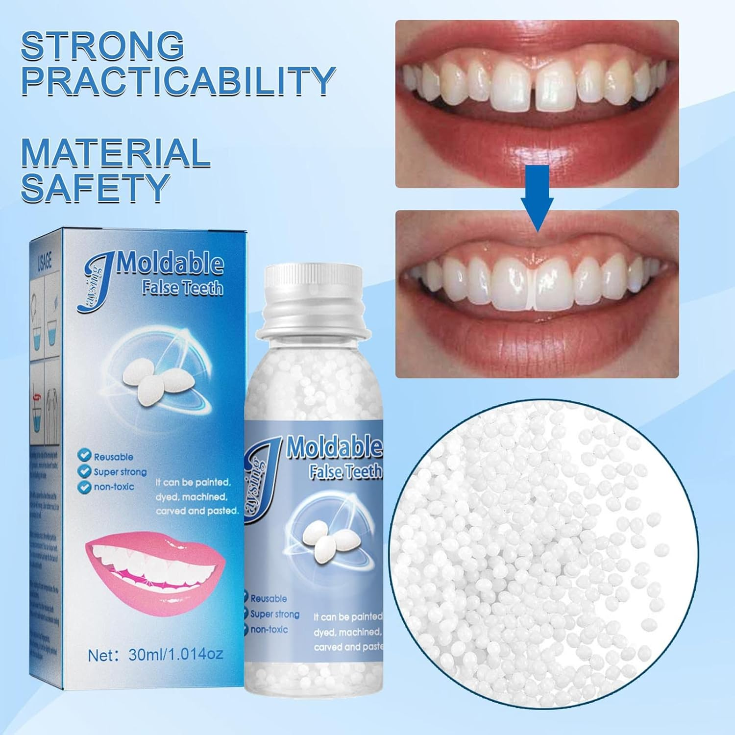 LOUJIN 30Ml Moldable False Teeth White Particles Reusable Temporarily Fill Regain Smile Cosplay DIY image number 5