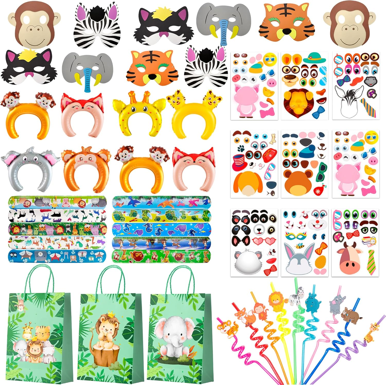 Jungle Safari Party Favors, 60Pcs Jungle Safari Birthday Party Favors Set Includes Safari Party Slap Bracelets Stickers Straws Balloon, Animal Mask, Safari Goodie Bags Etc Jungle Party Favors for Kids