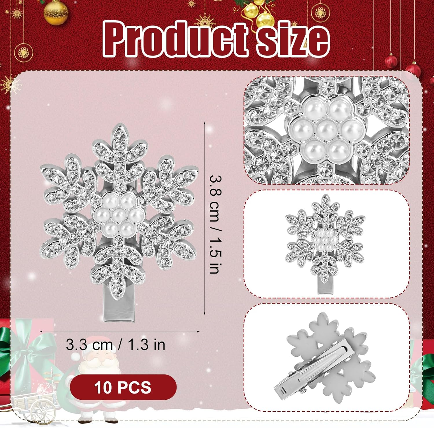10Pcs Snowflake Hair Clip Accessories, Cute Pearl Rhinestones Christmas Hair Pins Festival Winter Snowflake Alligator Hair Barrettes Hairpin for Women Girls Xmas Holiday Hair Decorations Gifts image number 5