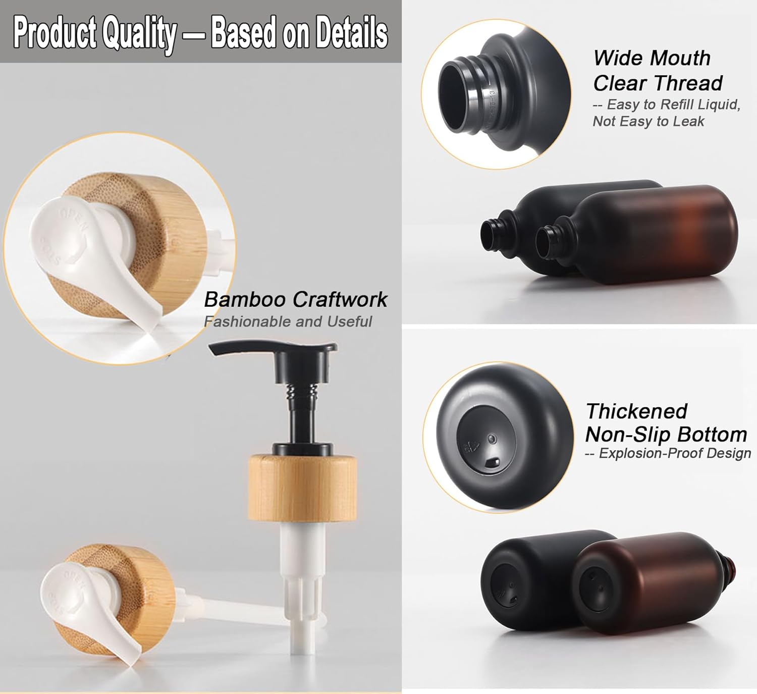 Frosted Heavy Duty Shampoo and Conditioner Bottles, Apothecary Dispenser Bamboo Pump, Refillable Shampoo Bottles for Shampoo Lotion Oil Shower Soap Hand Soap and Dish Soap (Matte Amber) image number 3