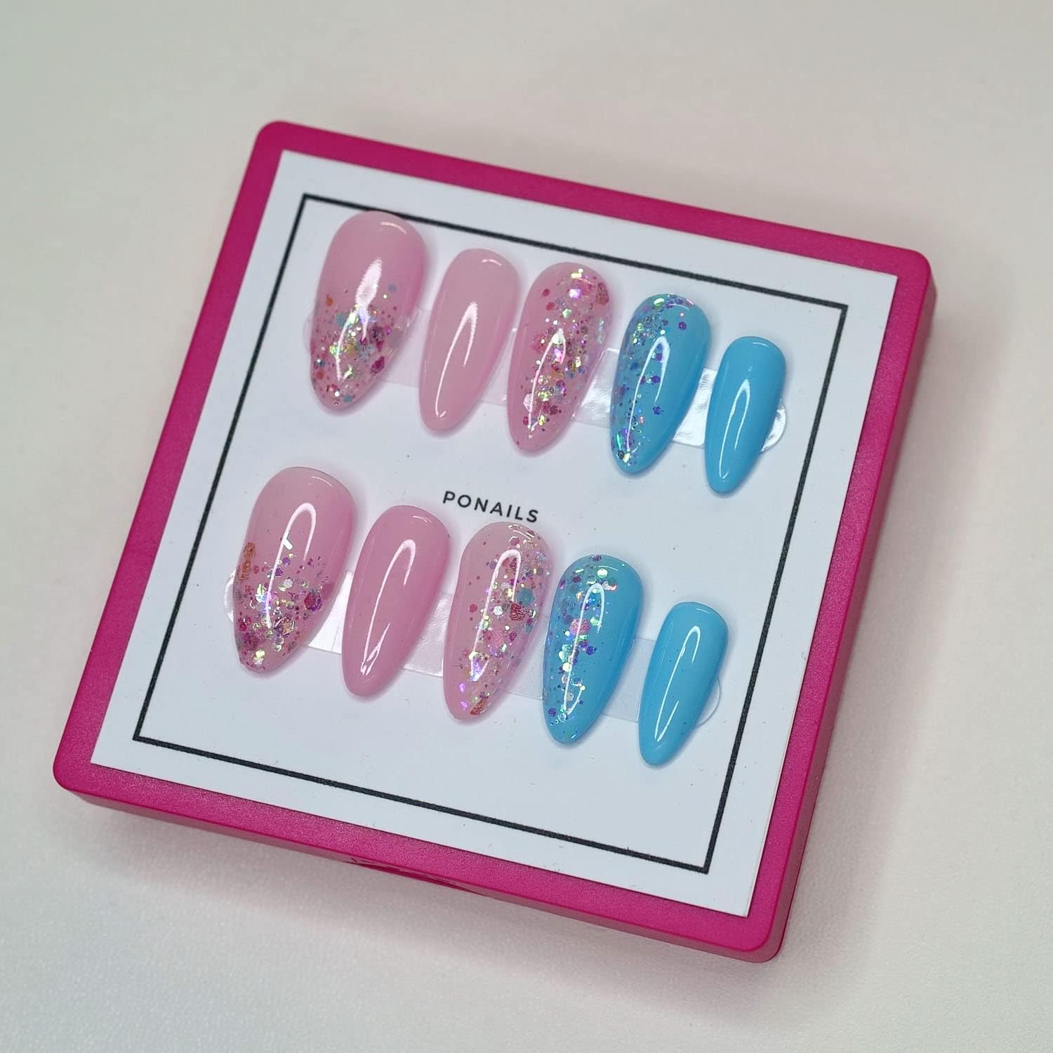 10 Pcs Handmade Press on Nails (Medium, Spring'S Message - Jelly Pink and Light Blue with Mixed Holo Glitters/Almond) A045M image number 5