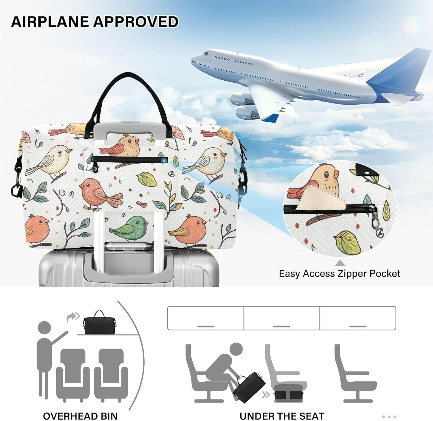 Travel Tote Bag Cartoon Childish Cute Birds Travel Weekender Gear Bag with Toiletry Bag for Gym 2 Pcs Set Bolsas Para Viajar En Avion De Mujer image number 1
