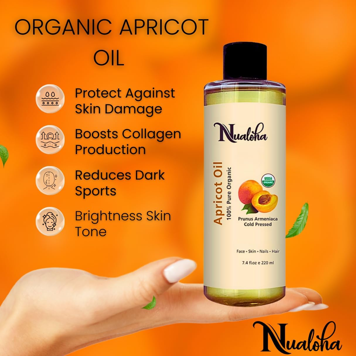 Nualoha Apricot Kernel Oil 220 ML, Pure Cold Pressed Apricot Carrier Oil for Face, Skin, Hair, Body image number 1