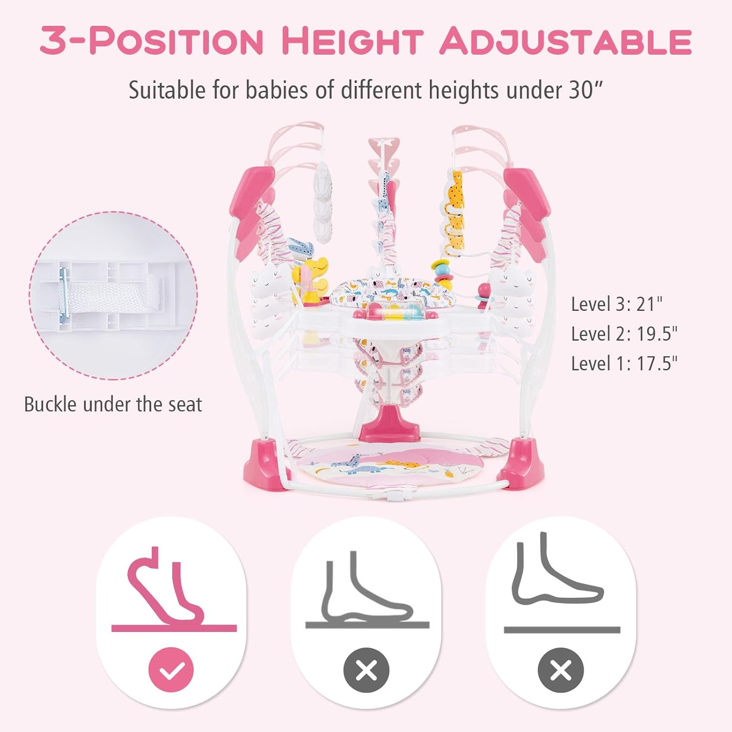 INFANS Baby Activity Center, 3 in 1 Play Center Jumpers with Music, Lights, Interactive Toys, 360&deg;Rotating Seat, 3 Adjustable Heights, Exersaucer Learning Toys for Baby 6-12 Months (Pink) image number 4