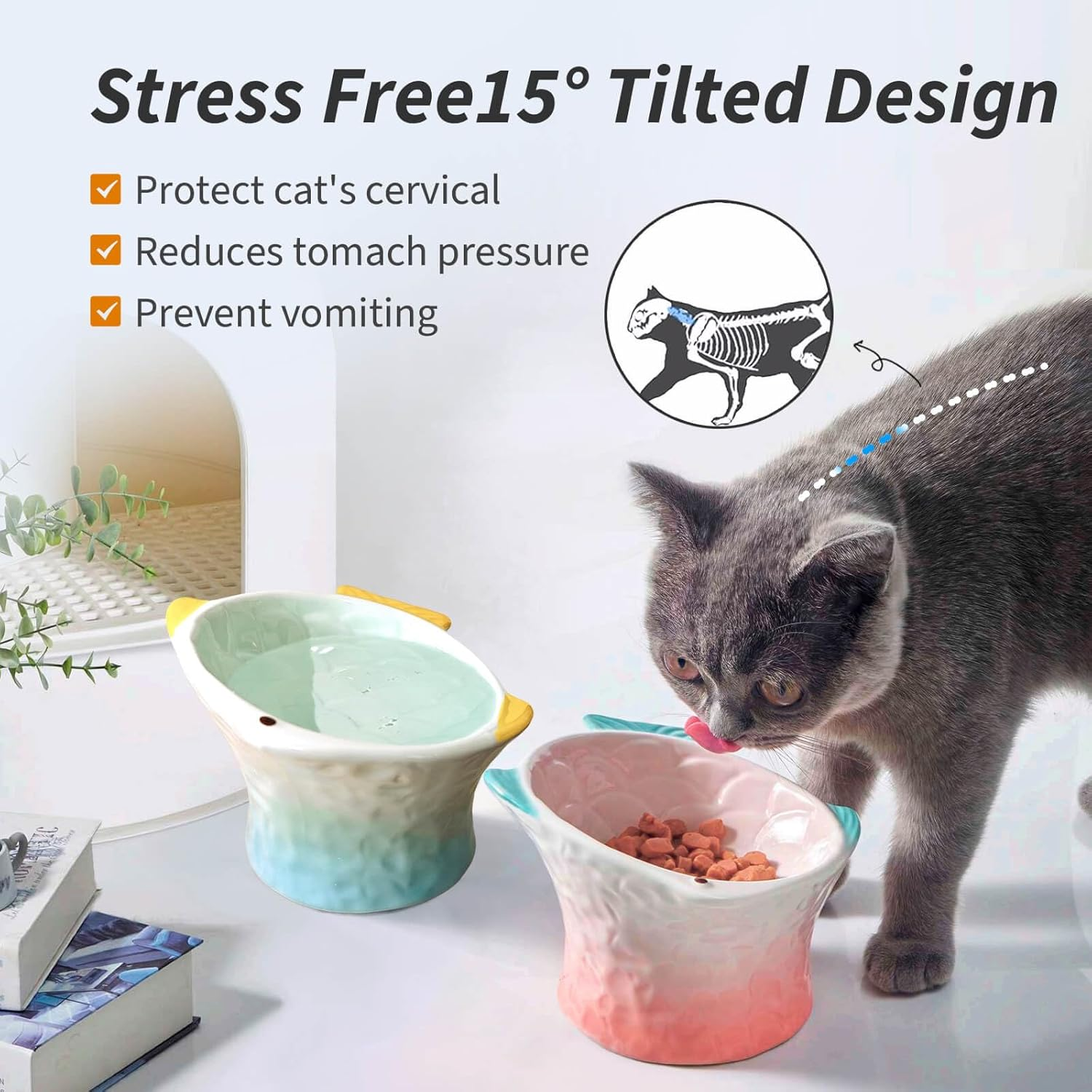 Ceramic Raised/Elevated Cat Food Bowl Set of 2,Ergonomic Cat Feeding Bowls Whisker Friendly,Cute Fish Shape Cat Food and Water Bowl Tilted Cat Bowls for Indoor Cats (Pink, Green) image number 1