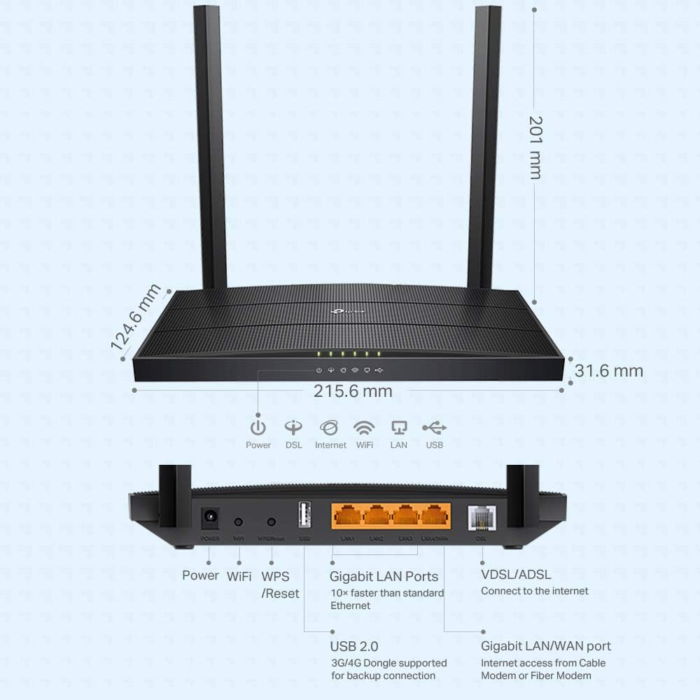 Tp-Link Archer VR400 Dual-Band Wi-Fi Router Ac1200Mbps, VDSL2 Profile 17A, VDSL/FTTC/FTTS/ADSL, 4 Gigabit Ports, 1 USB Port, RJ11, Onemesh Tp-Link Technology, MU-MIMO, Beamforming, Qos, Black image number 1
