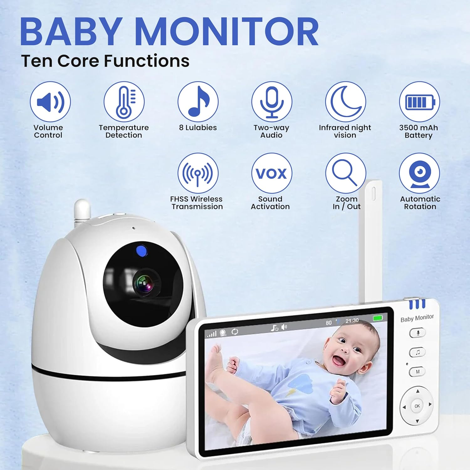 Baby Monitor- 5-Inch Large Ultra HD Display Baby Camera Monitors, Wireless Camera and Audio, Night Vision, 4X Pan-18 Hours VOX Mode,Temperature Sensor, Baby Monitor No Wifi with Lullabies