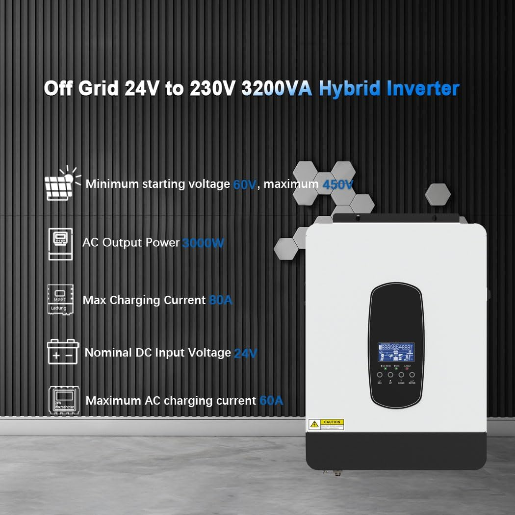 Y&H 3200W Solar Hybrid Inverter DC24V to AC230V, Off-Grid Pure Sine Wave Inverter with 80A MPPT Solar Charger + AC Charger,Max PV 3000W DC55-450V Input,Fit for 24V Lead-Acid/Lithium Battery image number 4