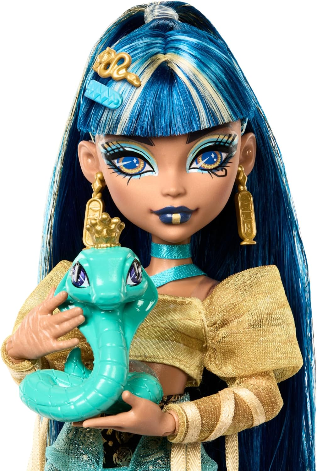 Monster High Cleo De Nile Doll in Golden Blouse and Layered Skirt, Includes Pet Cobra Hissette and Accessories like a Backpack, Snack and Scroll image number 2