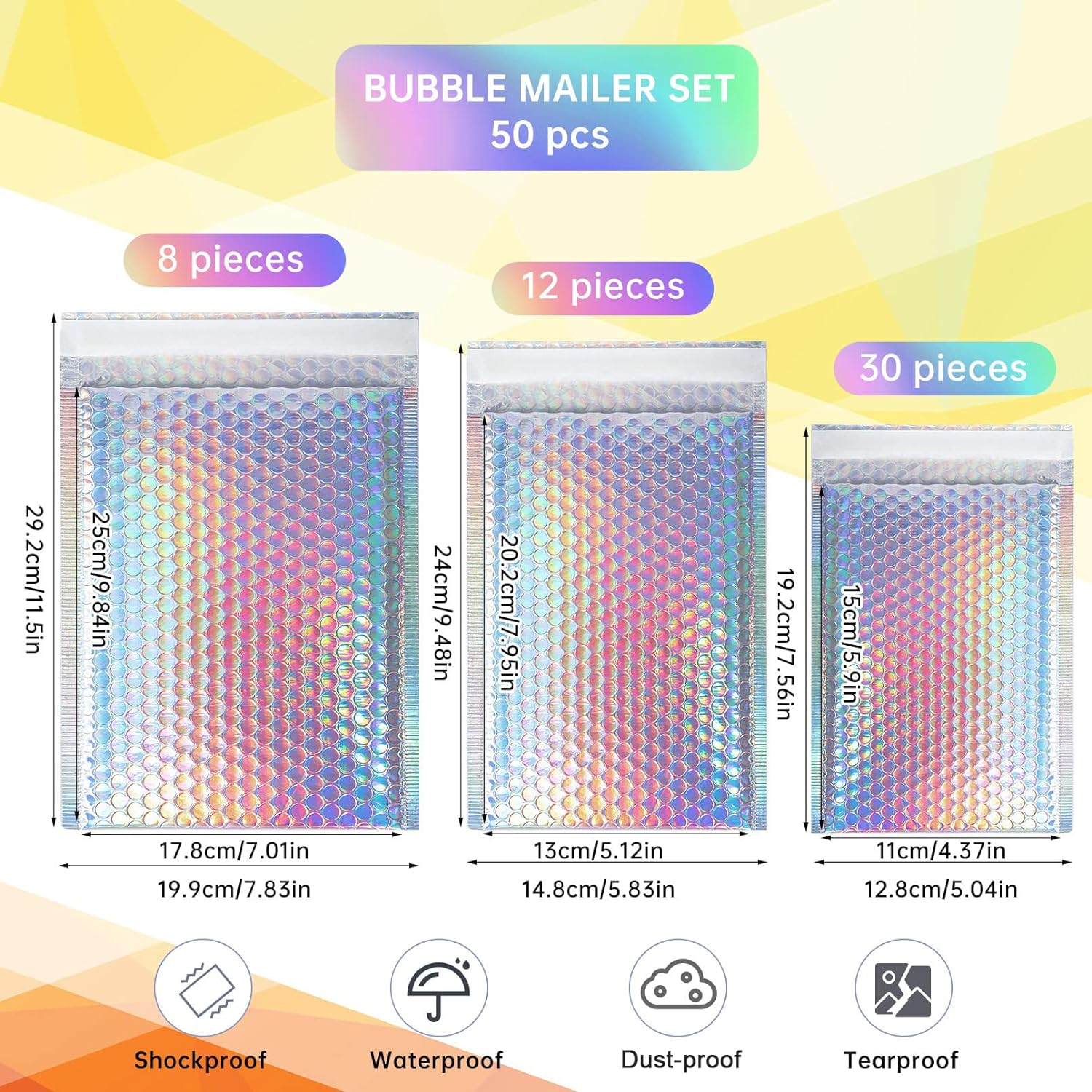 50 Pcs Metallic Bubble Mailers,Poly Padded Envelopes,Waterproof Self Seal Adhesive Shipping Bags,Foil Glitter Glamour Shipping Mailer,Holographic Cushion Envelopes for Mailing,Packing,Small Business - Rainbow Color image number 3