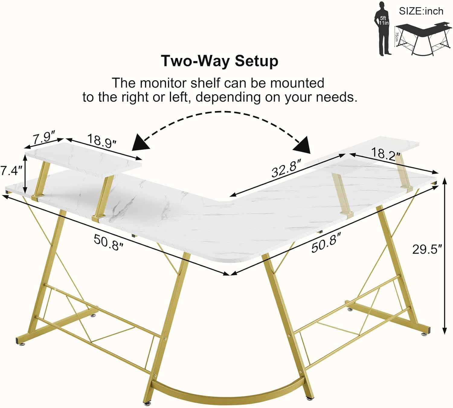 Mr Ironstone L Shaped Desk Computer Corner Desk, Home Gaming Desk, Office Writing Workstation with Large Monitor Stand, Easy to Assemble (White,51 Inch) - Marble White image number 2