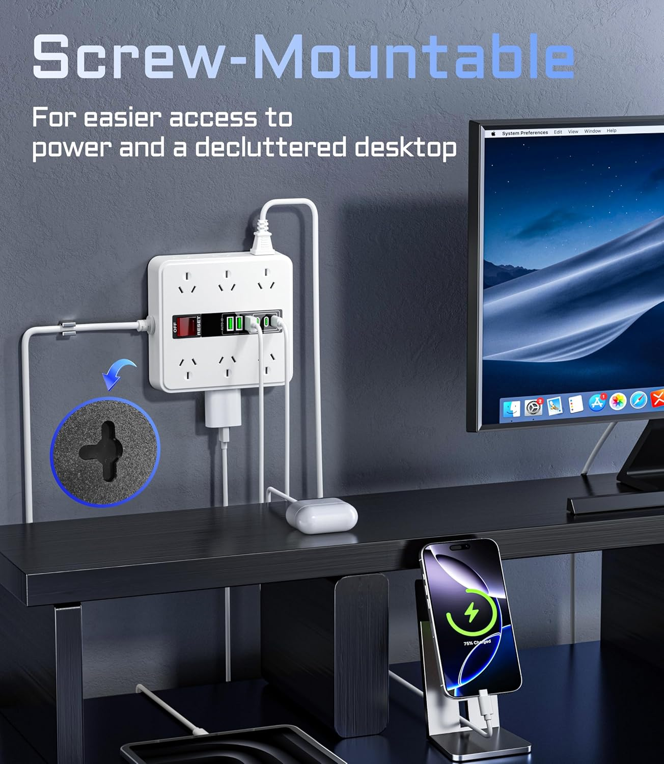 HEYMIX Powerboard USB Surge Protector - 18IN1 Power Board with 3 USB C & 3 USB A, 12 Outlet Power Strip with 1.9M Extension Cord,Wall Mountable 2500W Surge Protection and Overload Switch White image number 3