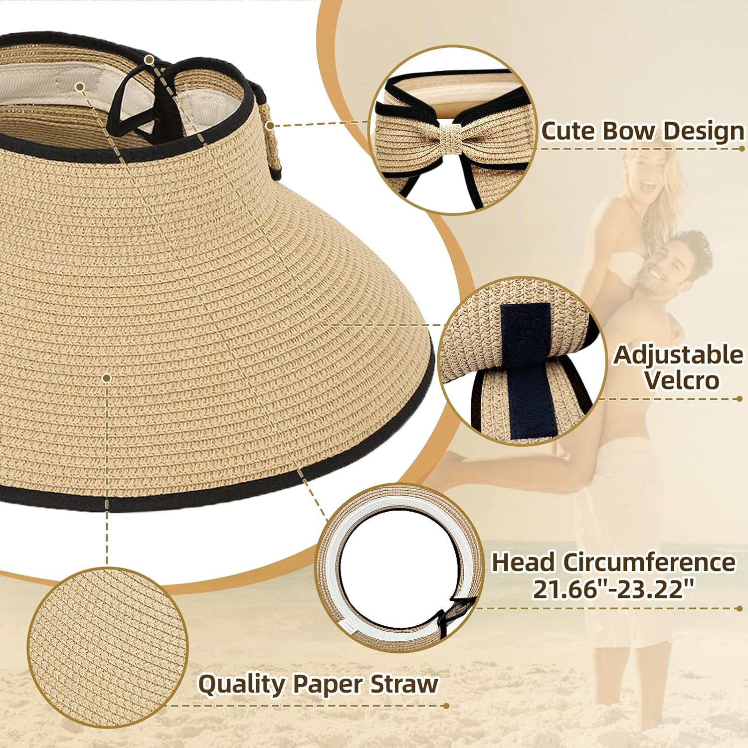 XMMAXFLOW Sun Hats for Women Beach Hats Wide Brim Straw Sun Visors Ponytail Hat Summer Packable Foldable Travel image number 5