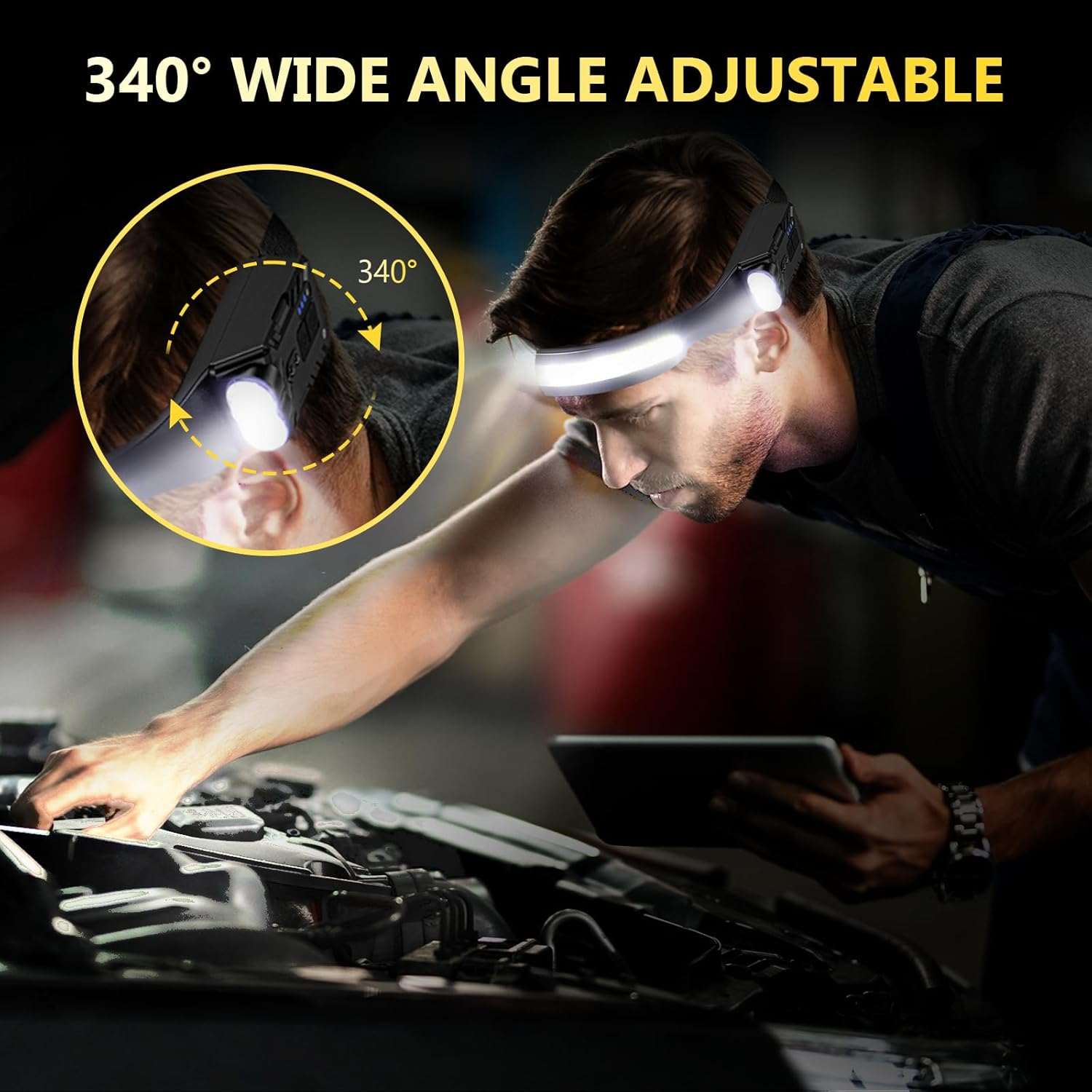 Diboniur Headlamp, LED Rechargeable with 8 Light Modes, 340&deg; Wide Angle Head Torch with Motion Sensor, IPX4 Waterproof Headlamp LED for Running, Fishing, Cycling, Camping image number 1