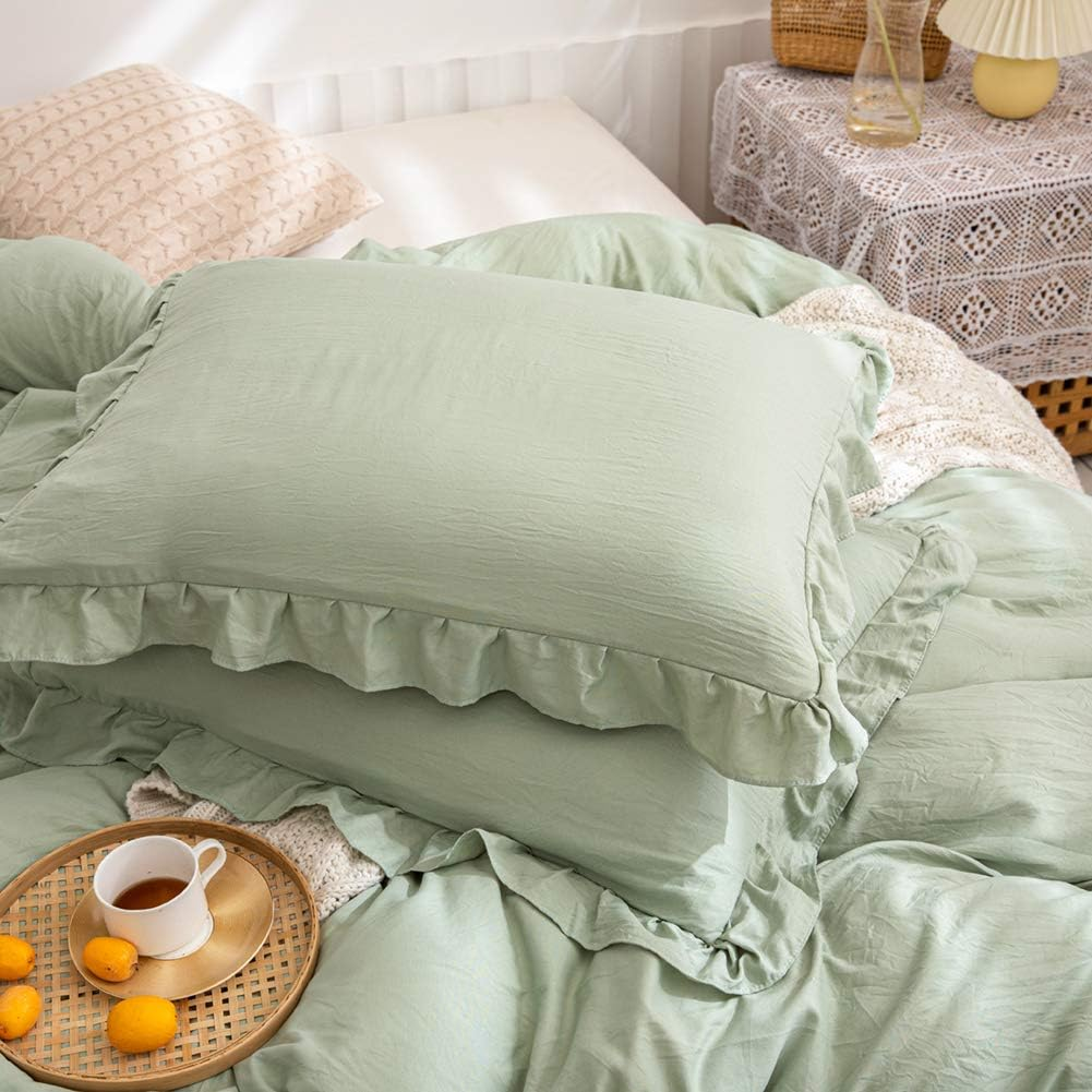 Merryword Shabby Ruffle Style Duvet Cover Queen Size Cute Sage Green Ruffled Bedding Set Soft Comfy Duvet Cover Set French Countryside Vintage Bedding (Queen, Sea Green) image number 5