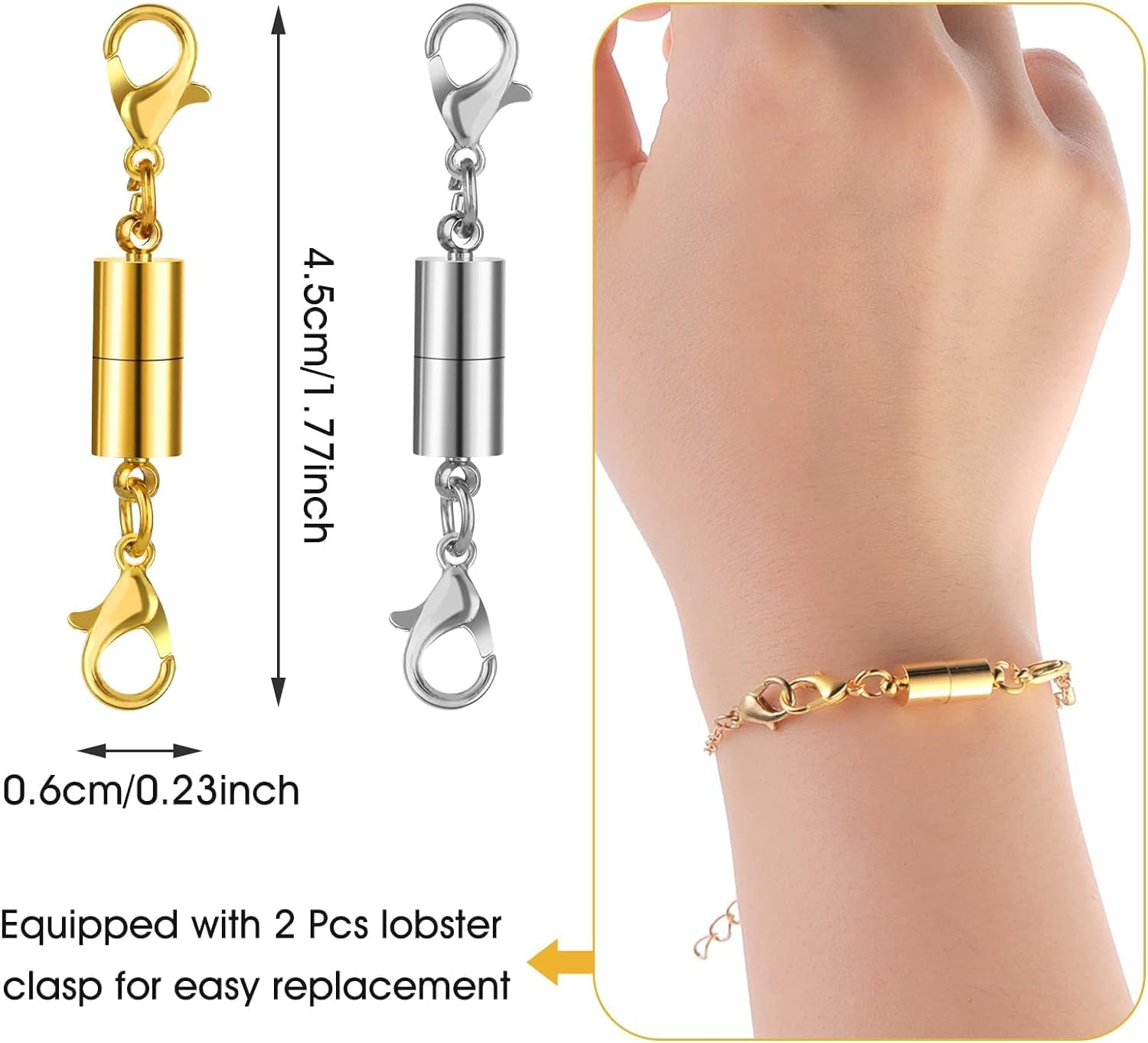 Lyfengdeam 12PCS Double Lobster Clasp Magnetic Necklace Clasps and Closures, Gold and Silver Adjustable Necklace Extenders, Necklace Bracelet Extender Jewelry Making DIY (6 X 45Mm) image number 1