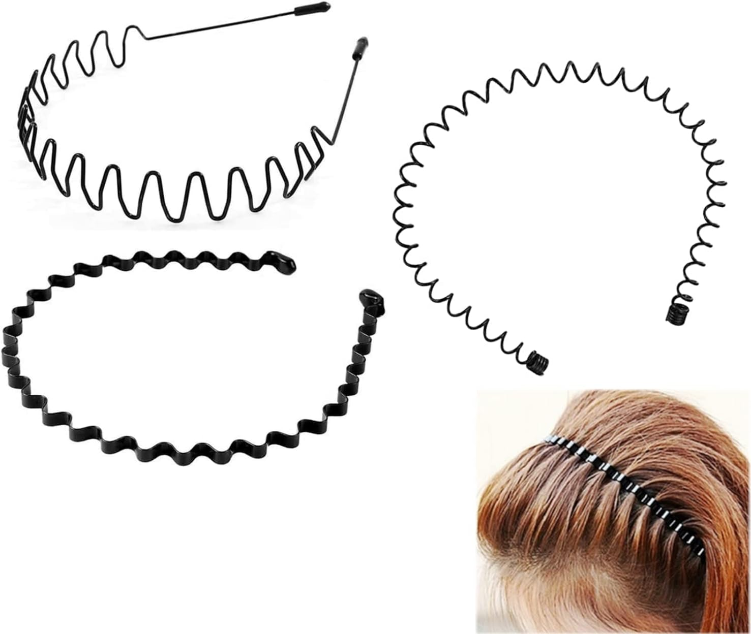 JZK 3 X Black Metal Headband Nonslip Hairband Elastic Hair Accessories for Men and Women for Outdoor Sports and Yoga