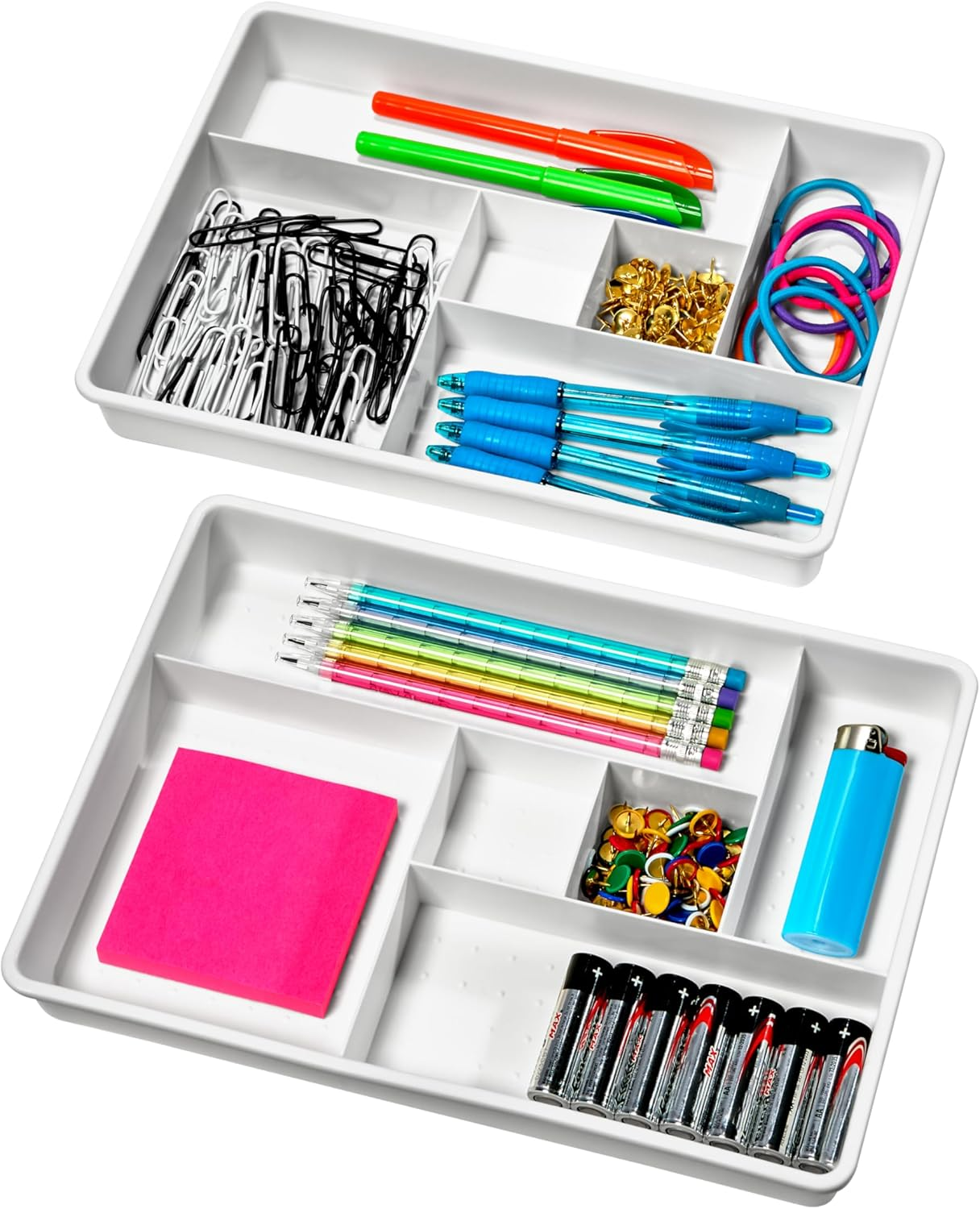 Madesmart Set of 2 Plastic 6-Compartment Drawer Organizer Gadget Trays, Multipurpose Storage Bins for Drawers, White