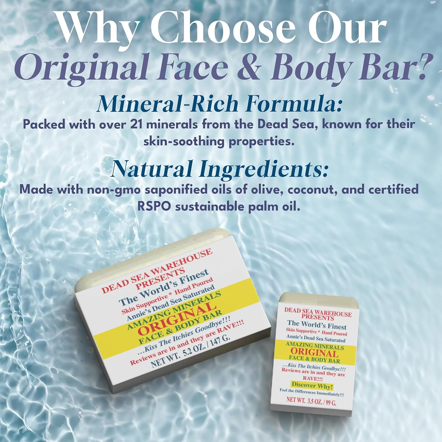 Dead Sea Warehouse - Amazing Minerals Original Face & Body Bar, Dead Sea Salt Cleansing Bar, Handmade in the USA, Mineral Cleanser, Skincare for Clearer Skin, Vegan, Unscented (5.2 Oz) image number 3