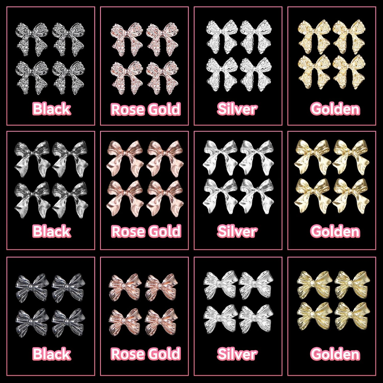 60 Pcs Metal Bow Nail Gems Charms, 3D Alloy Bow Bowkont Nail Charms for Acrylic Nails, 12 Styles Silver Gold Black Bows Nail Art Charms, Bow Nail Jewelry for Nails DIY Y2K Decoration