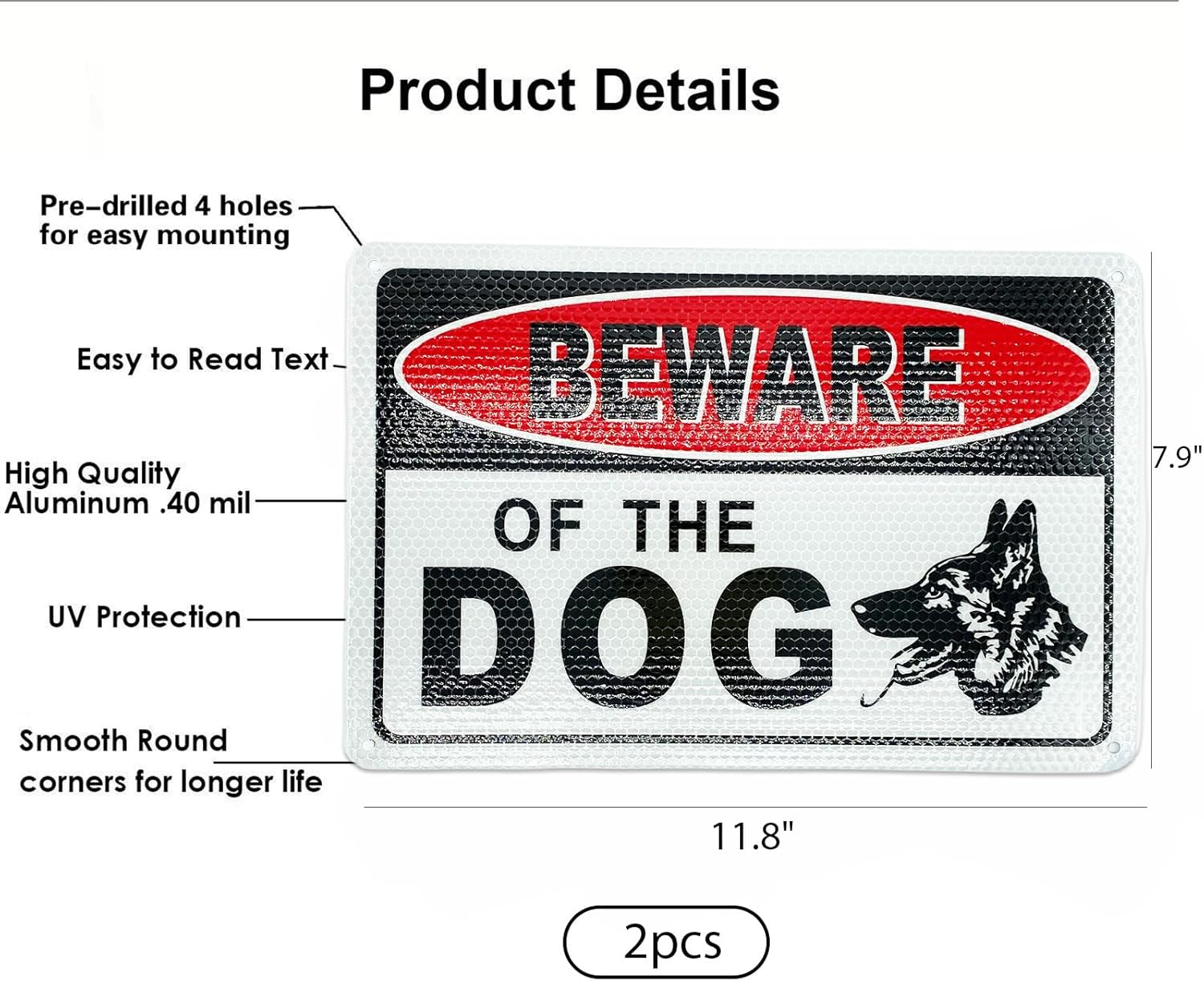 Beware of Dog Sign, Dog Warning Sign, UV Protected and Weatherproof, Indoor or Outdoor Use, Reflective Aluminum, 2 Pack image number 4