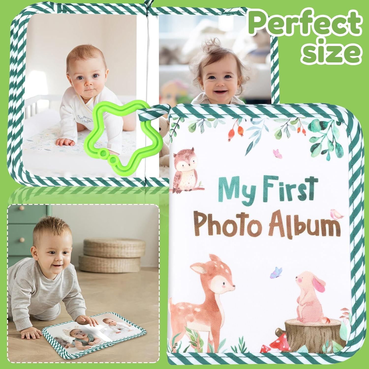 Baby'S My First Family Album,Soft Cloth Baby Photo Album with Safe Mirror,Cute Toddler Family Memory Book Present Holds 17 4X6'' Pictures for Kids Newborn Toddlers (Green) image number 2