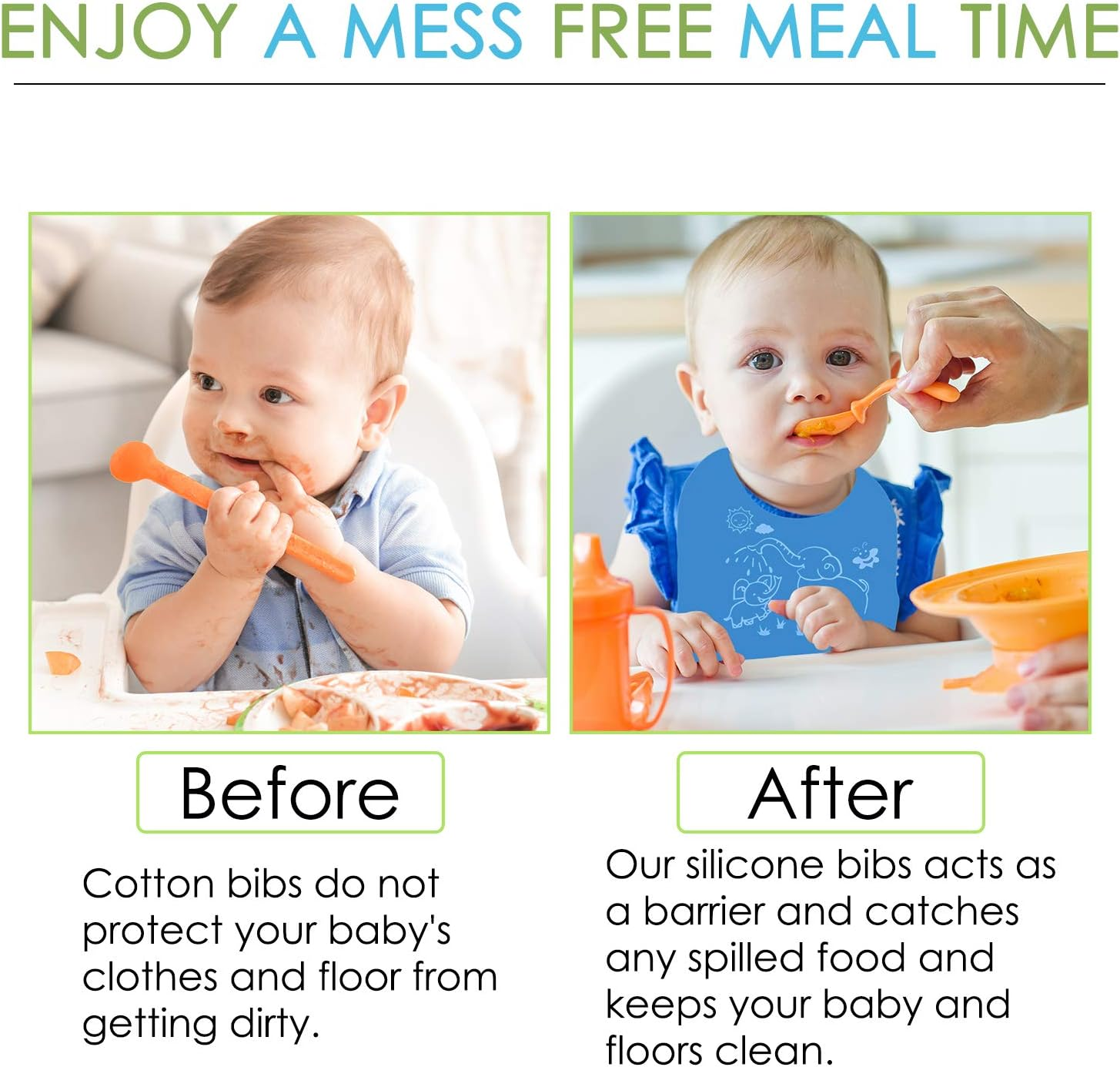 Waterproof Silicone Baby Bibs (Set of 2) with Food Catcher Pocket &ndash; BPA Free, Food Grade Feeding & Weaning Bib for Toddlers, Boys & Girls - Adjustable, Roll up Design Green & Blue image number 6