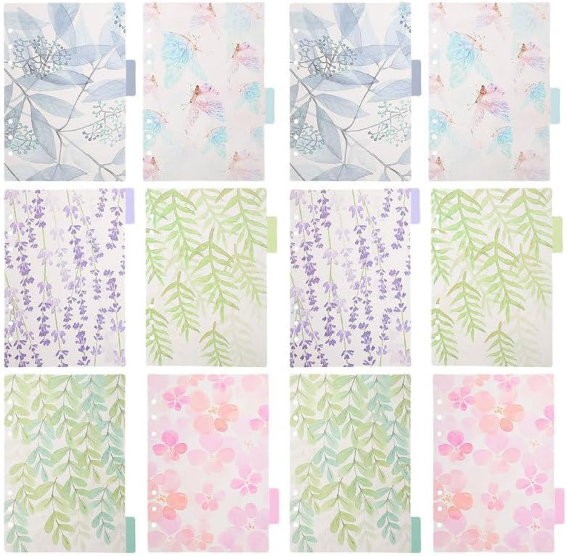 TEHAUX 12Pcs A5 Binder Index Dividers, Assorted Color PP 6-Hole Floral Pattern, Transparent Tab Dividers for Easy Organization, Separation Sheets Ideal for Office and School Use image number 6