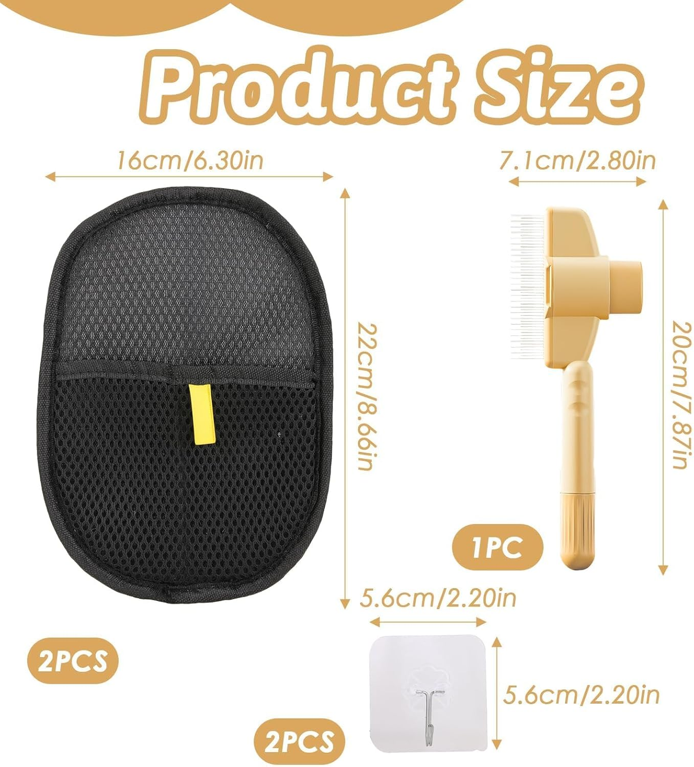 XXHUO Pet Hair Glove and Brushes, 1 Pair Anti-Static Gloves + 1 Hair Removal Brush + 1 Grooming Brush with 2 Hooks for Storing Cats Dogs Long Hair Short image number 2