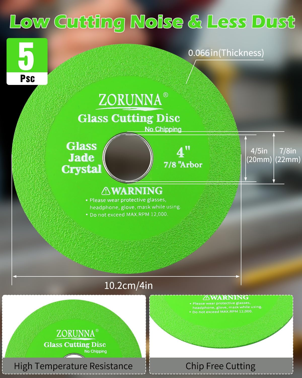 ZORUNNA 5 Pack Glass Cutting Disc for Angle Grinder, 4" X 7/8&rdquo; Tile Cutter Blade, Ultra-Thin Glass Cutters Tools for Grinding Ceramic, Crystal, Tile, Jade, Wine Bottle. image number 1