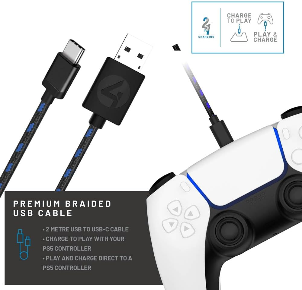 4Gamers SP-C100 V Twin Charging Dock with 2M Play & Charge Cable for PS5 - Black image number 6