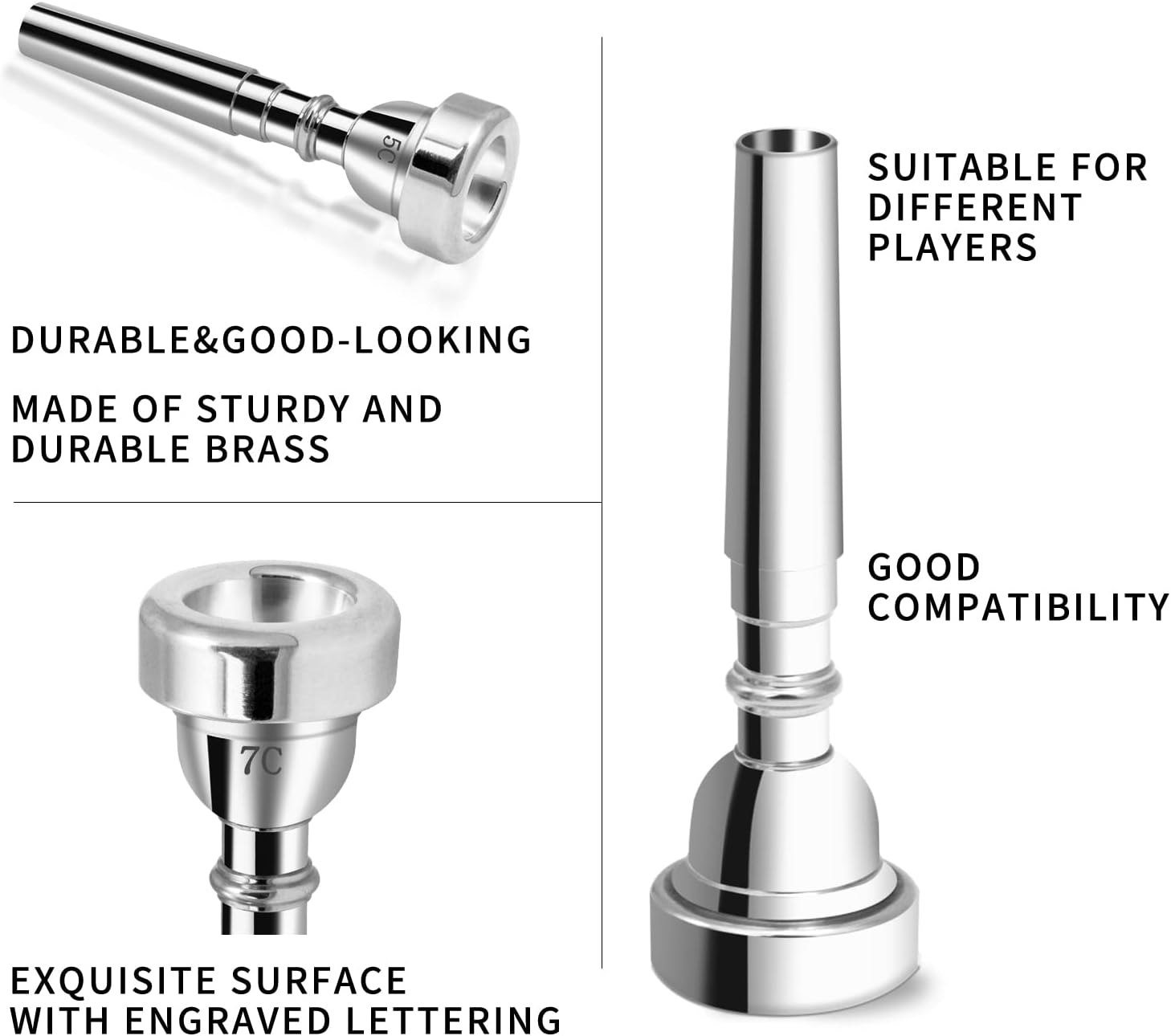 3Pack Trumpet Mouthpiece 3C 5C 7C Trumpet Accessories, Trumpet Mouthpiece Set with Brass Suitable for Beginners and Professional Players （Silver） - Silver image number 4