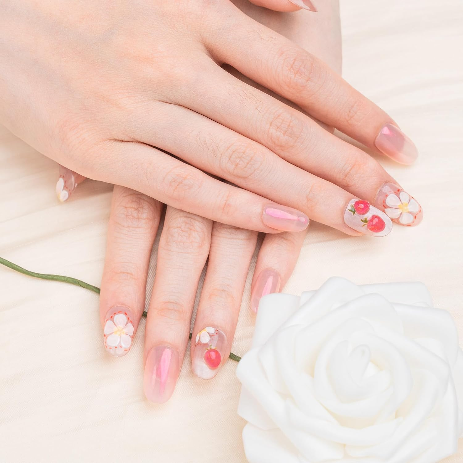 Sun&Beam Nails Handmade Press-On Medium Long Oval Pink Cartoon Glossy Hand-Painted Design Fashion False Nail Tips 10 Pcs Set (#237 L)