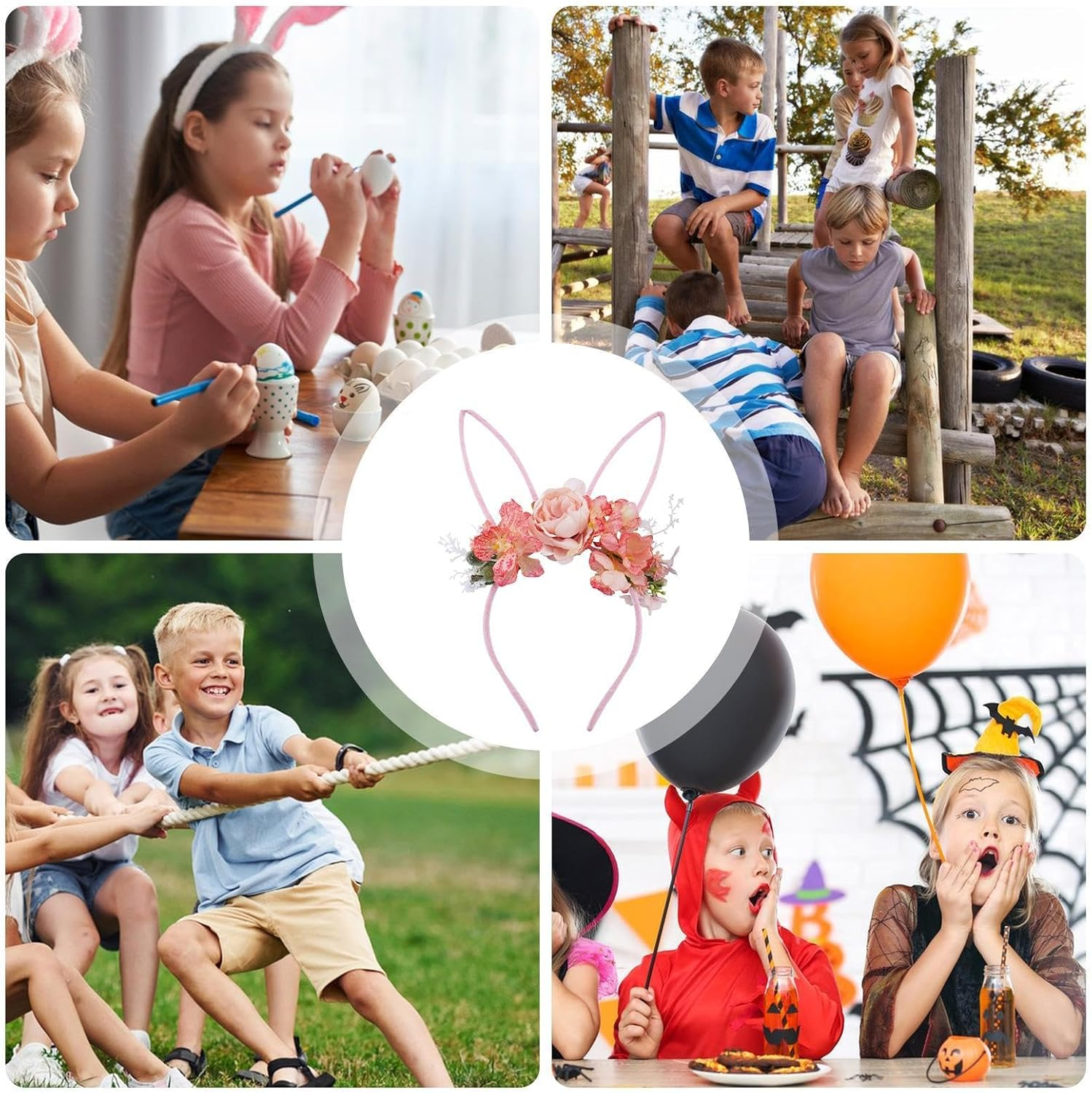 Bunny Ears Headbands - Costumes Hairband with Flowers,Easter Headbands for Girls - for Costume Kids Christmas Halloween Party Valentine'S Day Women image number 6