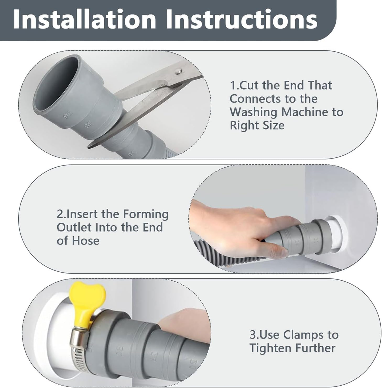 Xinghonyac Washing Machine Drain Hose Extension Kit, 6.56Ft/2M Flexible Dishwasher Drain Hose, Corrugated Washer Discharge Hose with 1 Adapter 1 U-Bend Holder 2 Hose Clamps image number 6