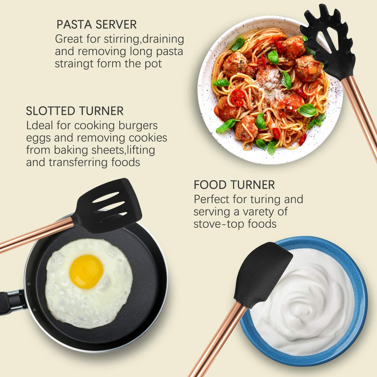 MIBOTE 19Pcs Silicone Cooking Kitchen Utensils Set with Stainless Steel Handle and Holder, Bonus High Value Stainless Steel Measuring Spoons image number 3