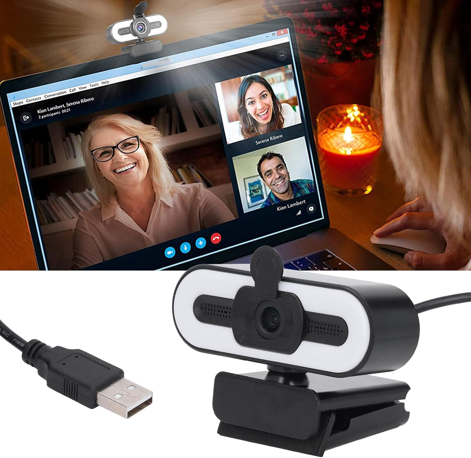 1080P HD Webcam with Microphone, Computer Web Camera Wide Angle with Adjustable Ring Light for for OS X, USB Webcam for Video Streaming Conference image number 2