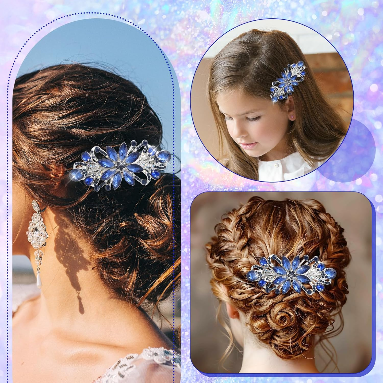 Hair Clip Flower, Vintage Rhinestone Style Barrettes, Blue Crystal Style Hair Clip, Luxury Jewellery Design Hairpin, Metal Spring Hair Clips for Women and Girls