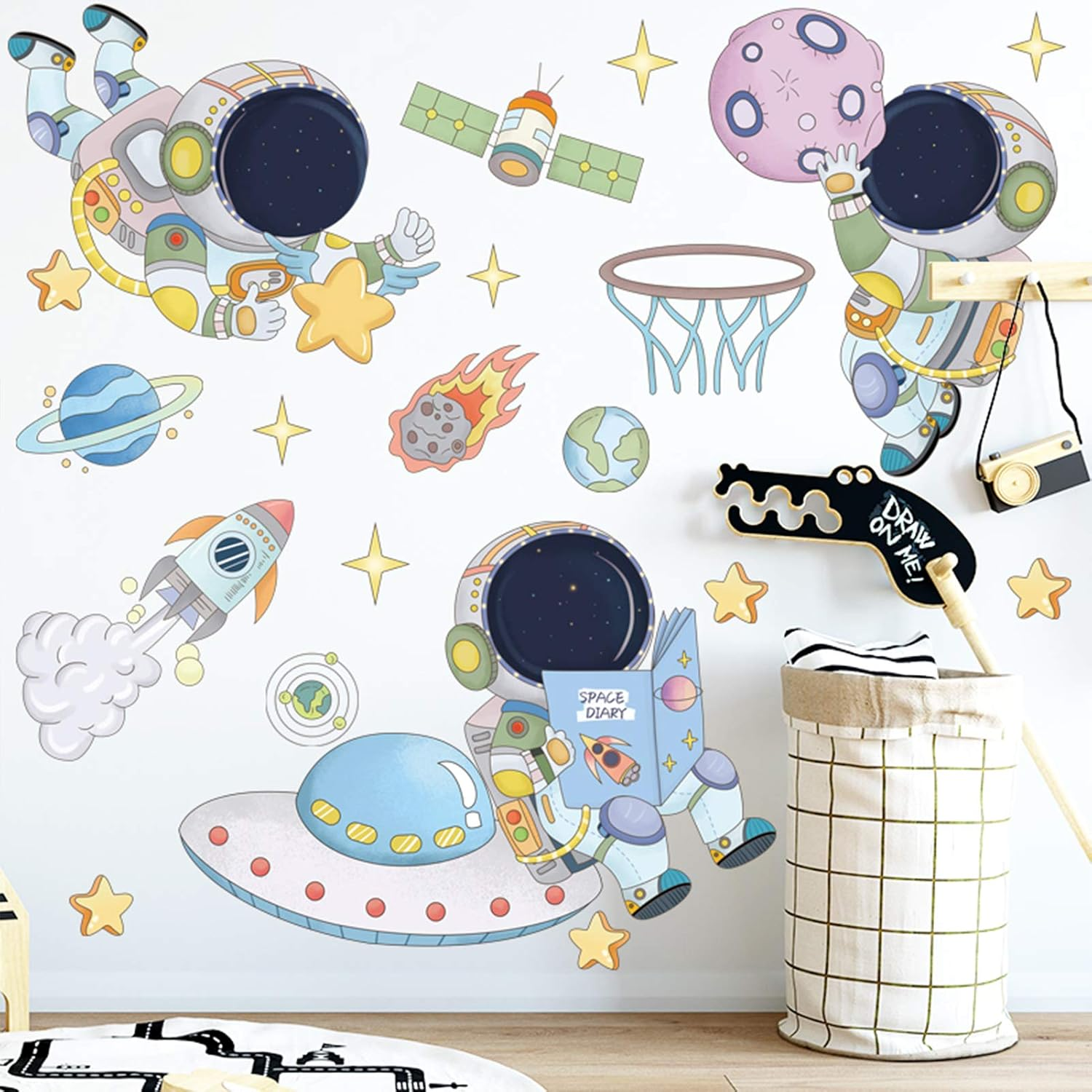 DILIBRA Astronaut Wall Stickers Planet Space Walk Spaceship DIY Art Vinyl Removable Murals Wall Decals, Cute Cartoon Spaceman Cosmonaut Art Wallpaper for Kids Boys Bedroom Playing Room - Astronaut3 image number 7