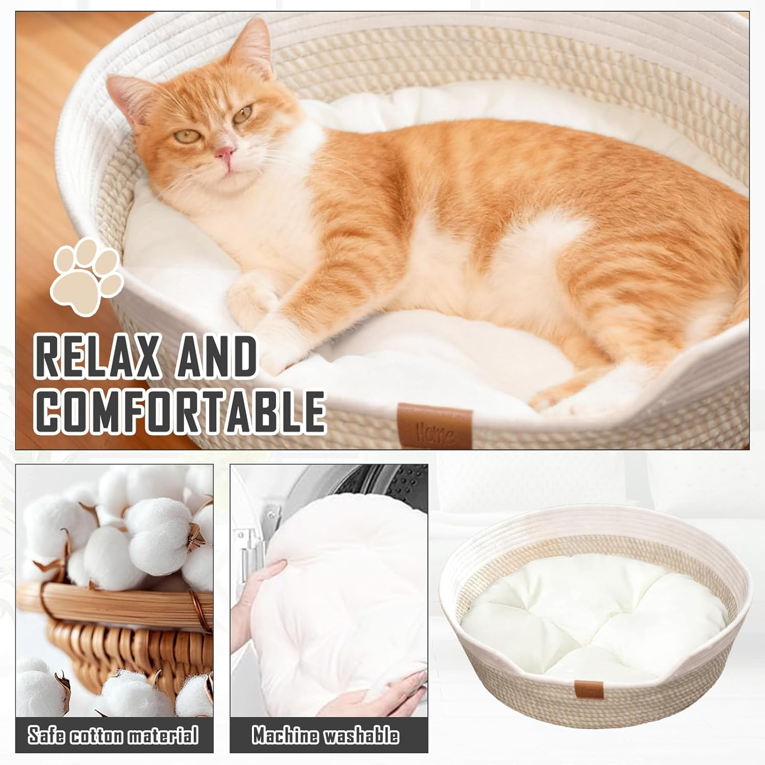 Yushengtai round Cat Bed, 50 Cm, Hand-Woven Basket Made of Cotton Ropes with Soft Cushion, Breathable and Washable for All Seasons, Ideal for Cats and Small Dogs, Beige