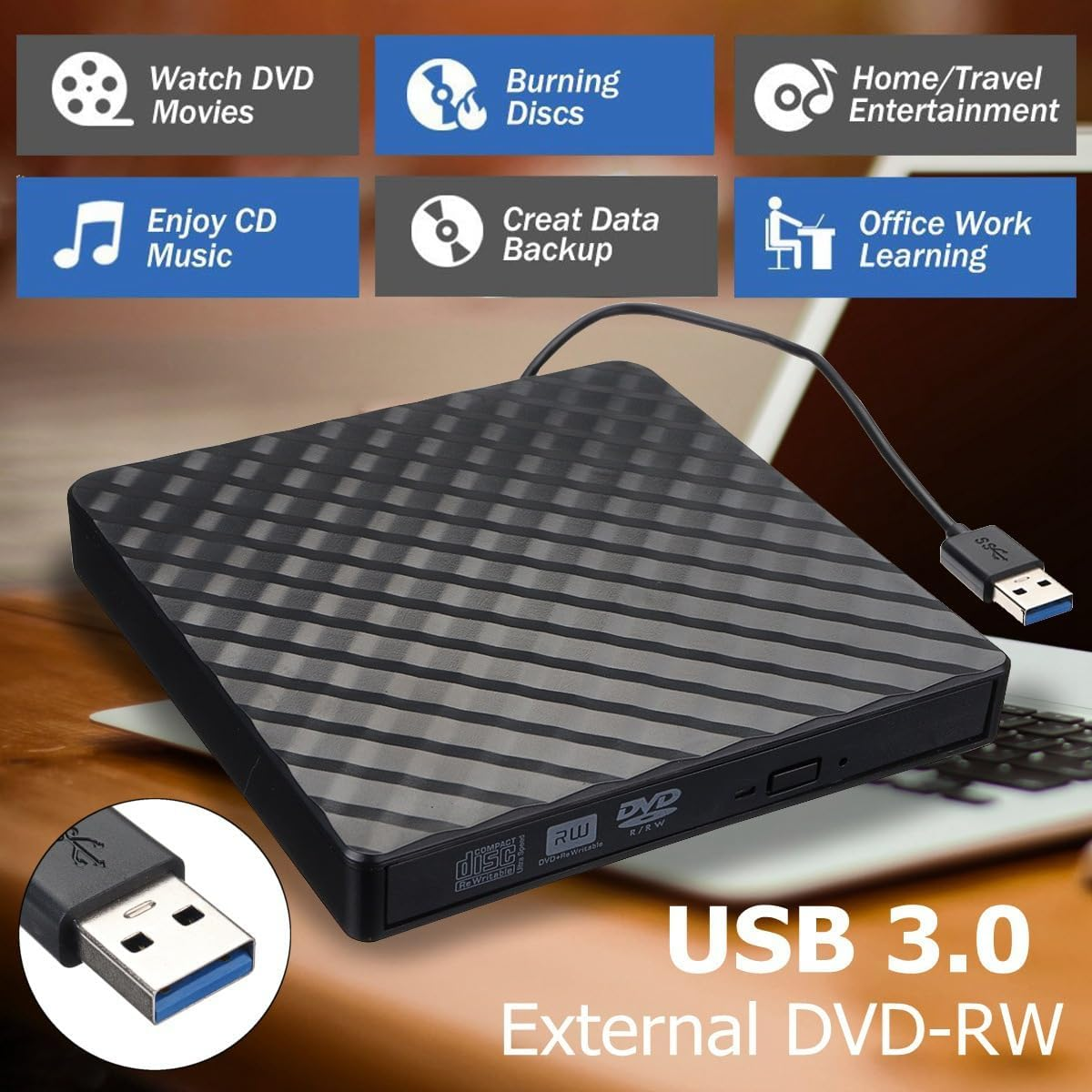 External CD/DVD Drive for Laptop, USB 3.0 Ultra-Slim Portable DVD CD ROM Rewriter Writer Duplicator for Laptop Desktop PC Windows 10/8/7 Macbook Mac Linux OS Apple image number 1