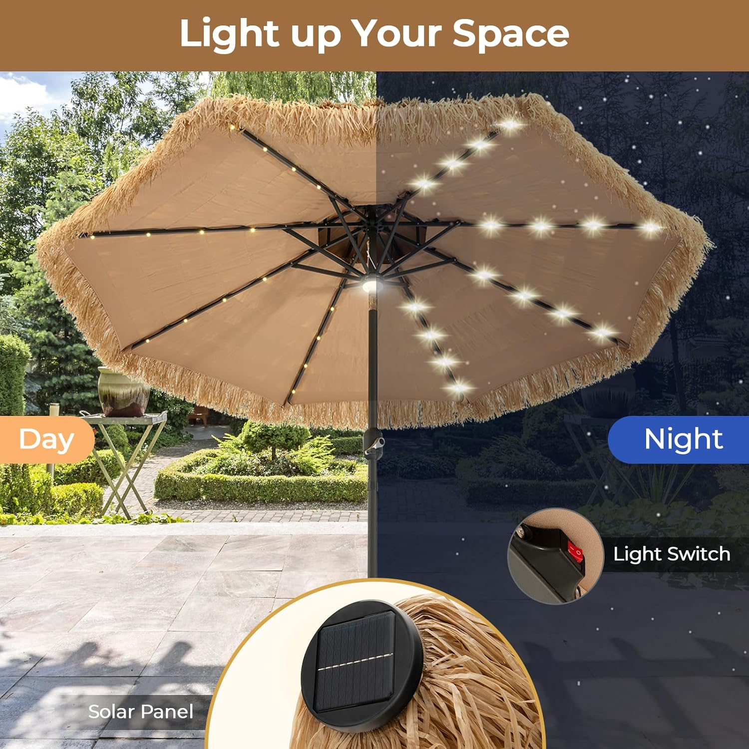 Costway 32 LED Hula Thatched Tiki Umbrella, Solar Powered Hawaiian Style Beach Umbrella with 8 Ribs, 30&deg; Tilt & Crank, Outdoor Market Umbrella for Tropical Palapa, Tiki Bar, Patio, Garden & Poolside, Natural image number 6